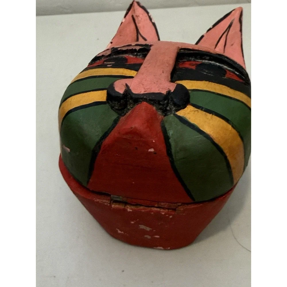 Vintage‎ Folk Art Cat Hand Carved Wood Trinket Box Multicolor Kitty